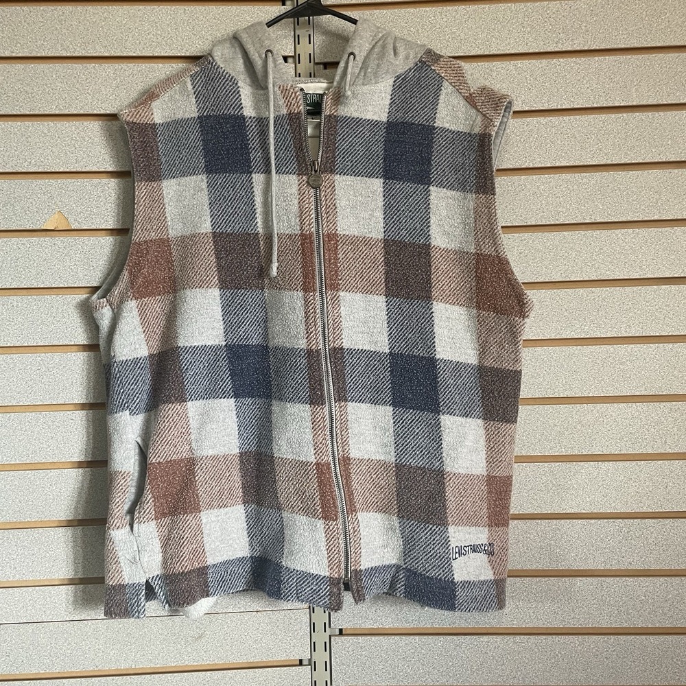 Levi Strauss & Co Vintage Plaid Worn Fleece‎ Vest Hooded Zip Up Medium Y2K 90's